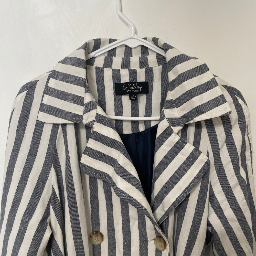 Navy Blue White Striped Double Breasted Trench Coat Jacket Belted Cuffs Large - Picture 3 of 8